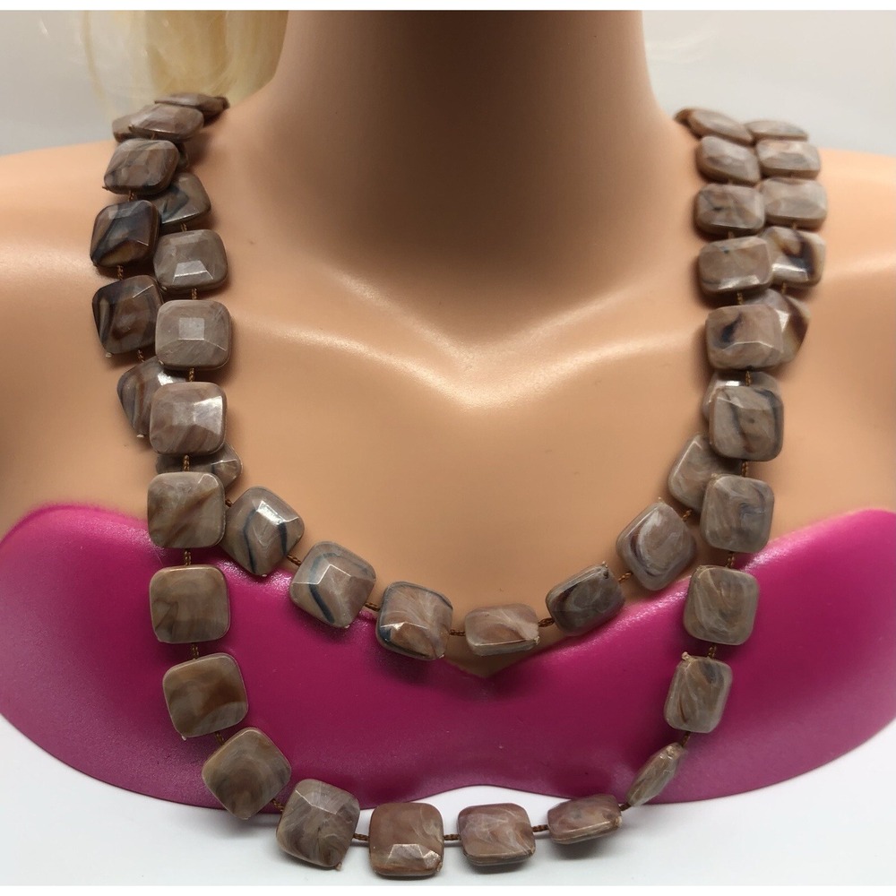 Vintage Retro 1970's Brown Striped Plastic Beads Necklace on String 42"w/clasp